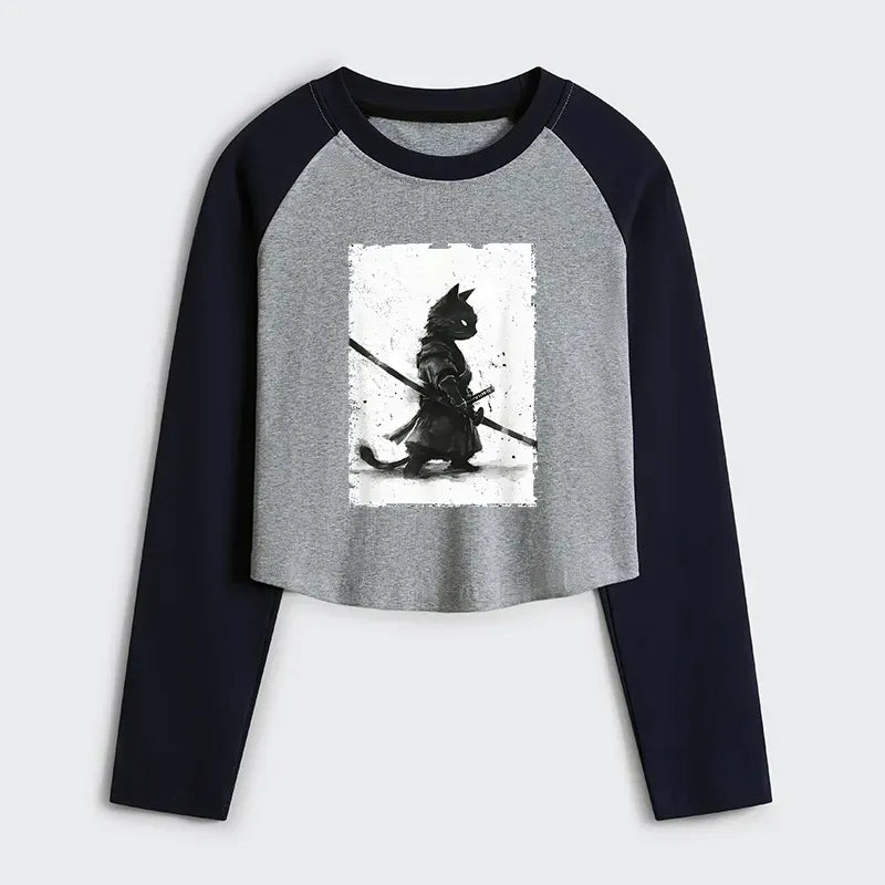 Japanese Samurai Cat Crop Tee with Free Shipping