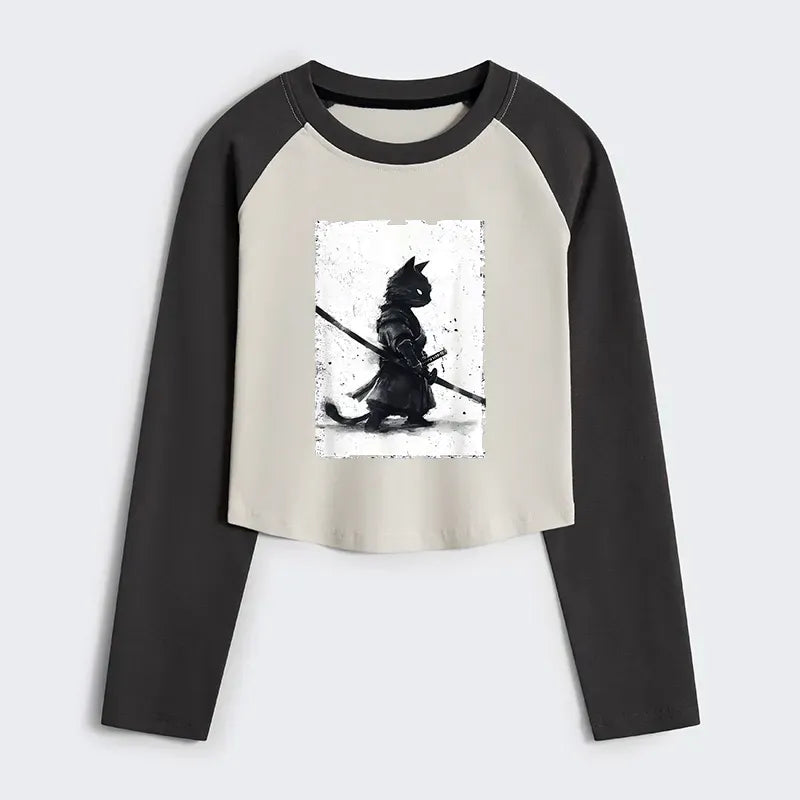 Retro Japanese Cat Samurai Women's Raglan Top