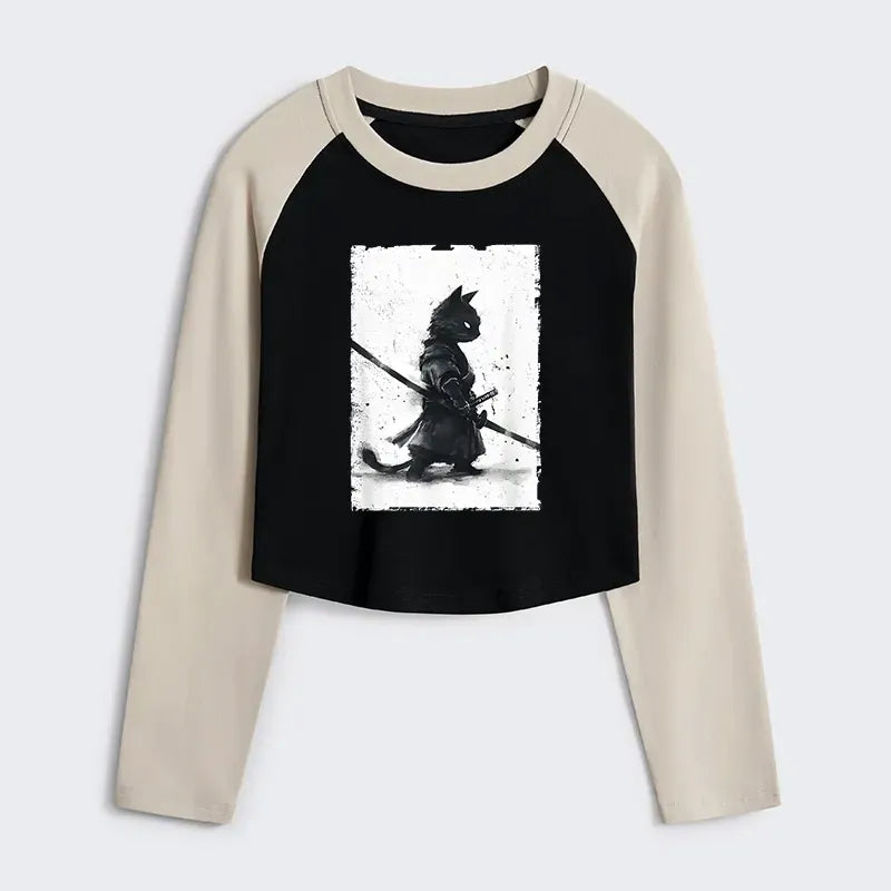 Ukiyo-e Style Cat Samurai Crop Shirt On Sale