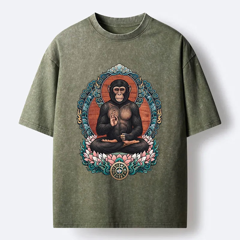 Kyoto-Lion Zen Monkey Art Washed T-Shirt