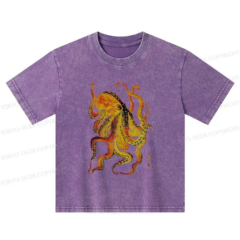 Kyoto-Lion Deep Sea Gorgeous Octopus Kids Washed T-Shirt
