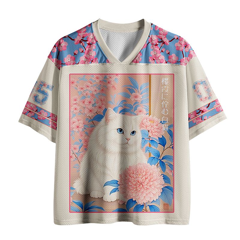 Kyoto-Lion White Cat Pink Blossom Soft Art Mesh Jersey