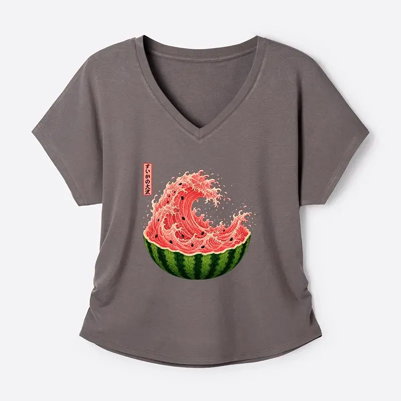 Kyoto-Lion Watermelon Wave Summer Ukiyo Art Modal Dolman Sleeve T-Shirt