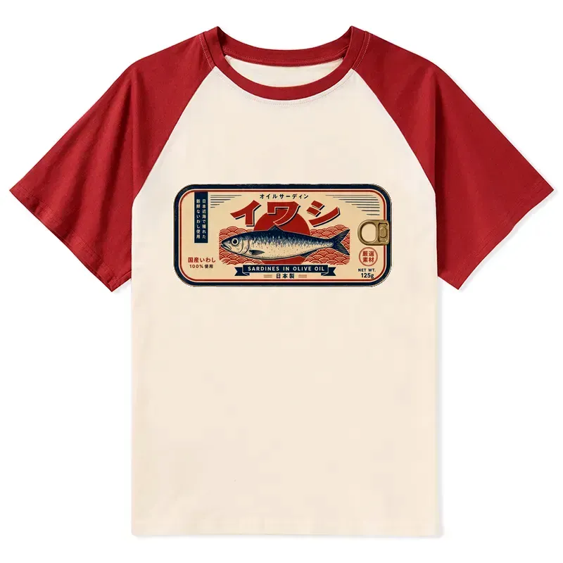 Kyoto-Lion Vintage Japanese Sardine Can Art Raglan T-shirt