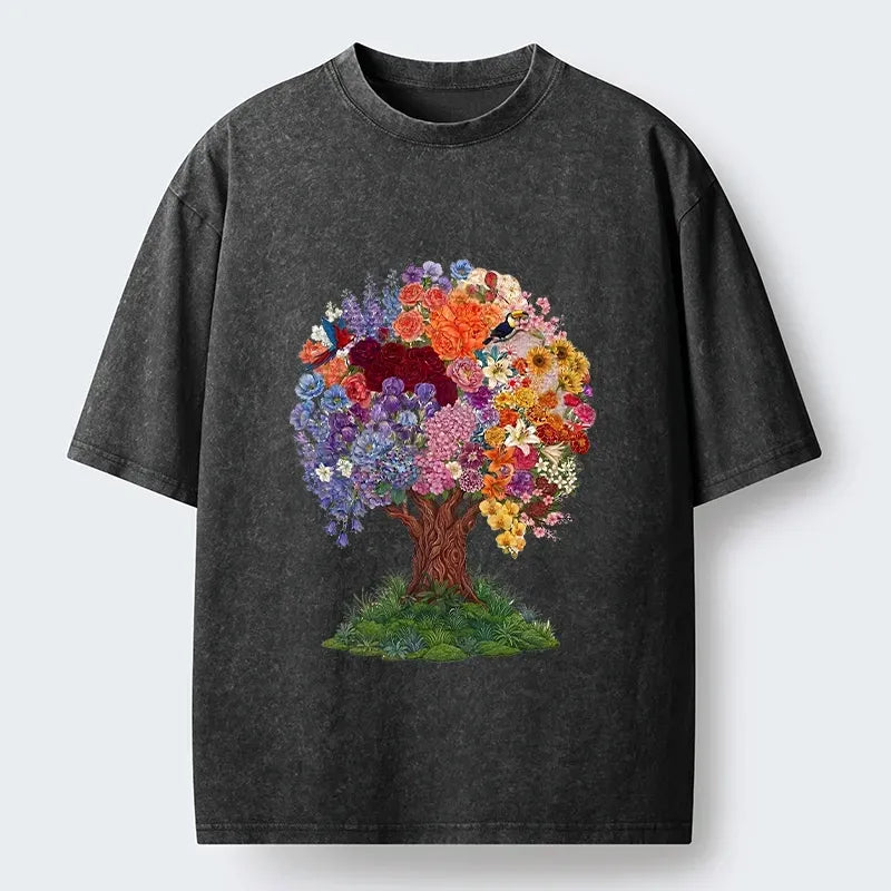 Kyoto-Lion Colorful Bloom Tree Tropical Bird Art Washed T-Shirt