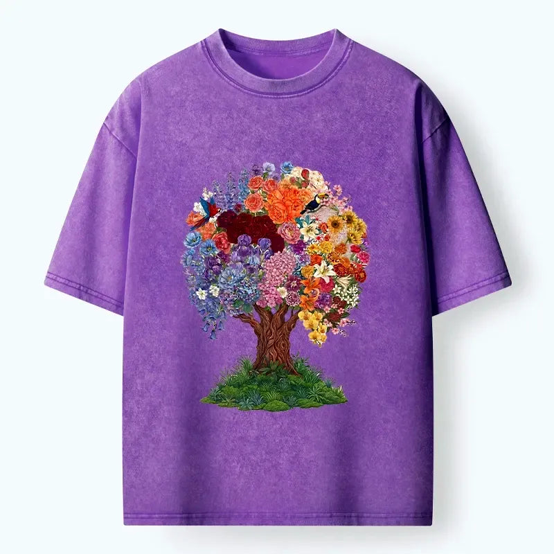 Kyoto-Lion Colorful Bloom Tree Tropical Bird Art Washed T-Shirt