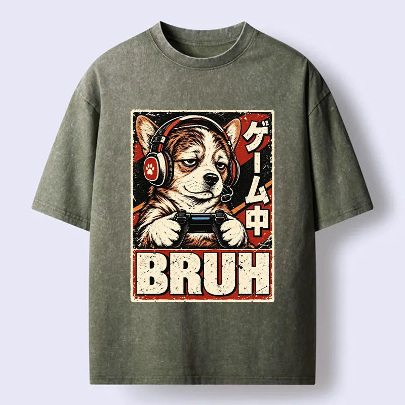 Kyoto-Lion Funny Gamer Dog Meme Washed T-Shirt
