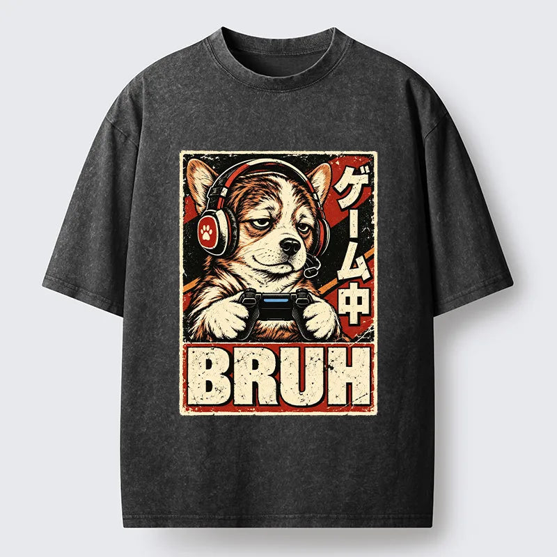 Kyoto-Lion Funny Gamer Dog Meme Washed T-Shirt
