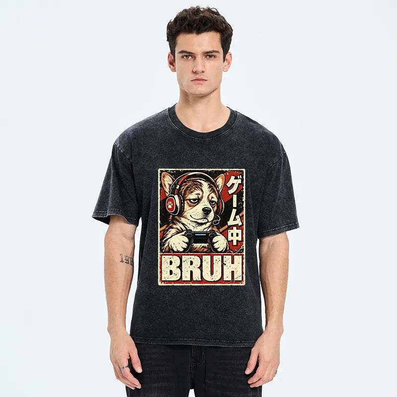 Kyoto-Lion Funny Gamer Dog Meme Washed T-Shirt