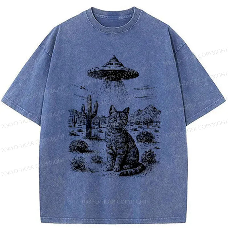 Kyoto-Lion UFO And Cat Washed T-Shirt