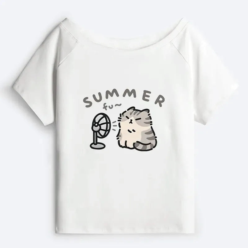 Japanese Cat Fan Off Shoulder T-Shirt