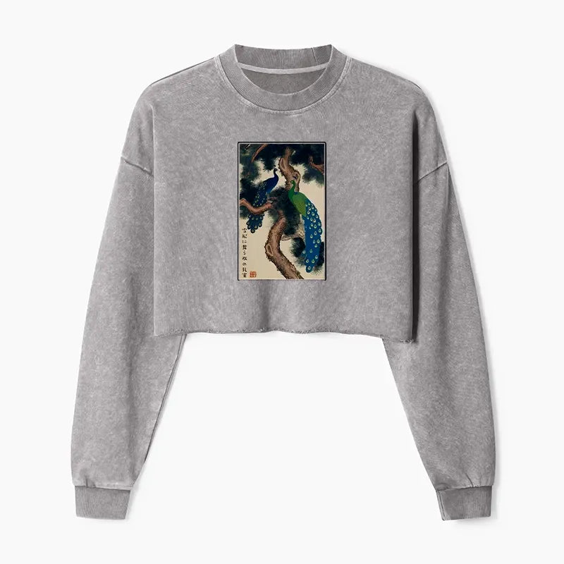 Kyoto-Lion Peacocks in Snowy Pines Washed Crop Sweatshirt