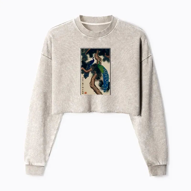Kyoto-Lion Peacocks in Snowy Pines Washed Crop Sweatshirt