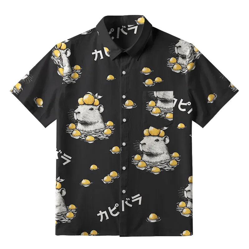 Kyoto-Lion Cute Capybara And Lemon Button-up Shirt