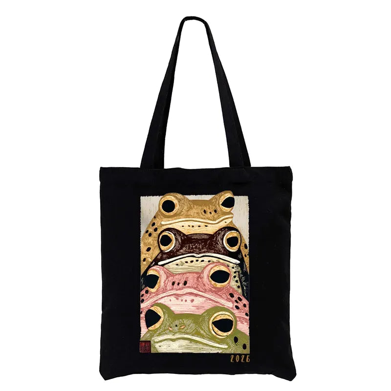 Kyoto-Lion Whimsical Multi Colored Frog Art Tote Bag