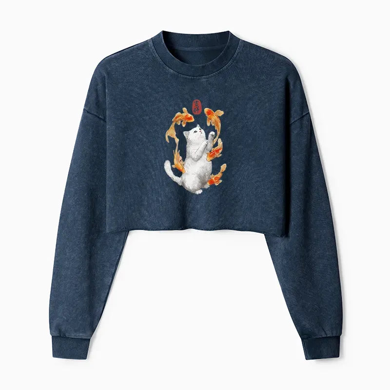 Kyoto-Lion Zen Cat And The Dancing Fish Washed Crop Sweatshirt