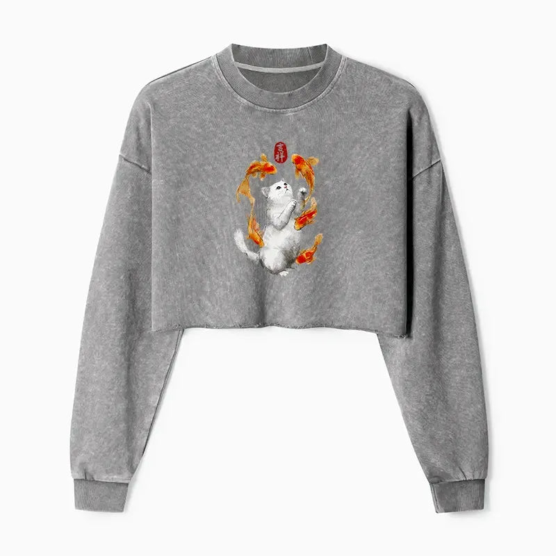 Zen Cat Crop Sweatshirt for Daily Wear