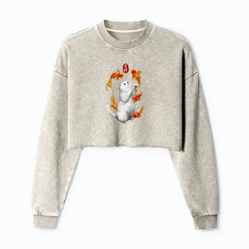 Zen Cat Crop Sweatshirt for Daily Wear