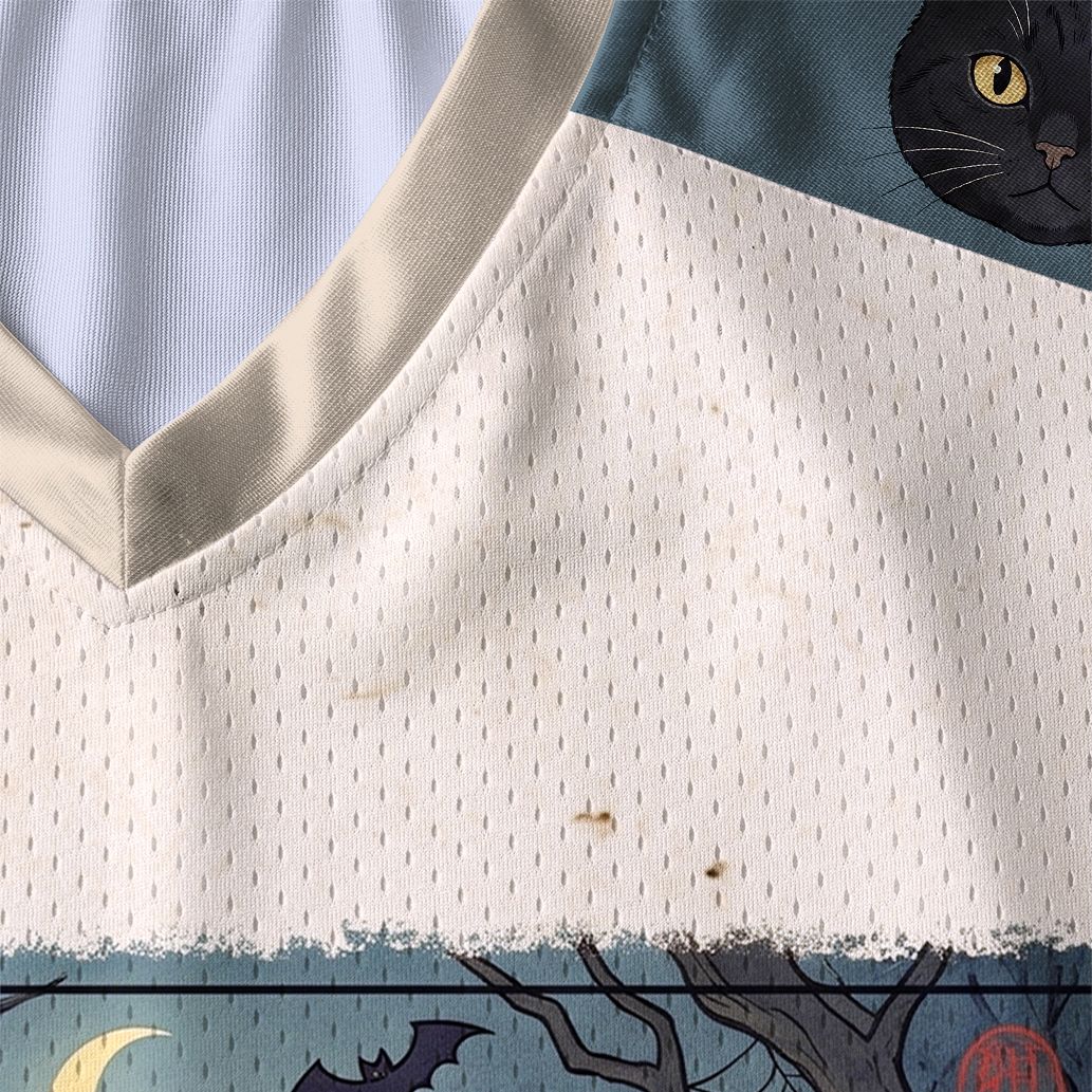 Kyoto-Lion Halloween Black Cat Riding Fish Skeleton Paneled Long Sleeve Jersey