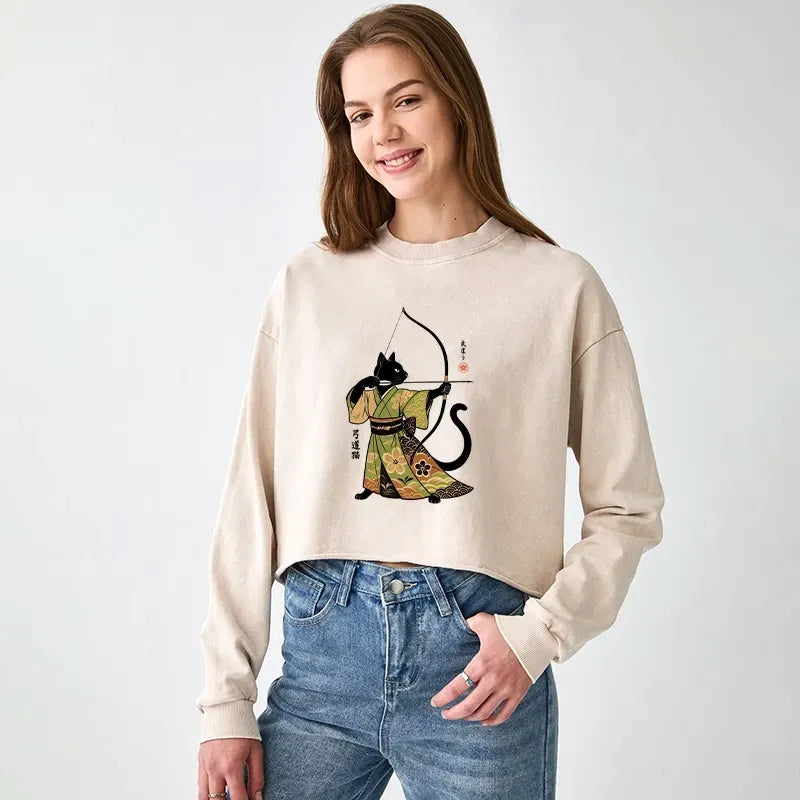 Kyoto-Lion Japan Cat Archery Washed Crop Sweatshirt