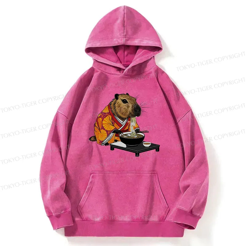 Kyoto-Lion Cute Capybara Eating Ramen Washed Hoodie