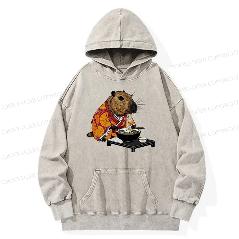 Kyoto-Lion Cute Capybara Eating Ramen Washed Hoodie