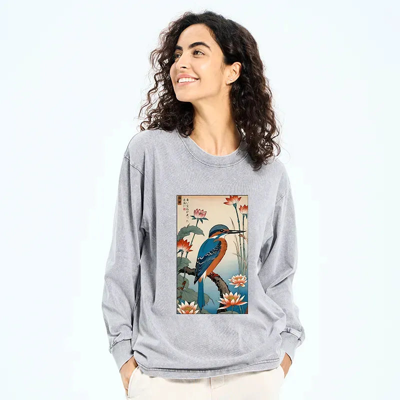 Kyoto-Lion Ukiyo-e Kingfisher Washed Long Sleeve T-Shirt