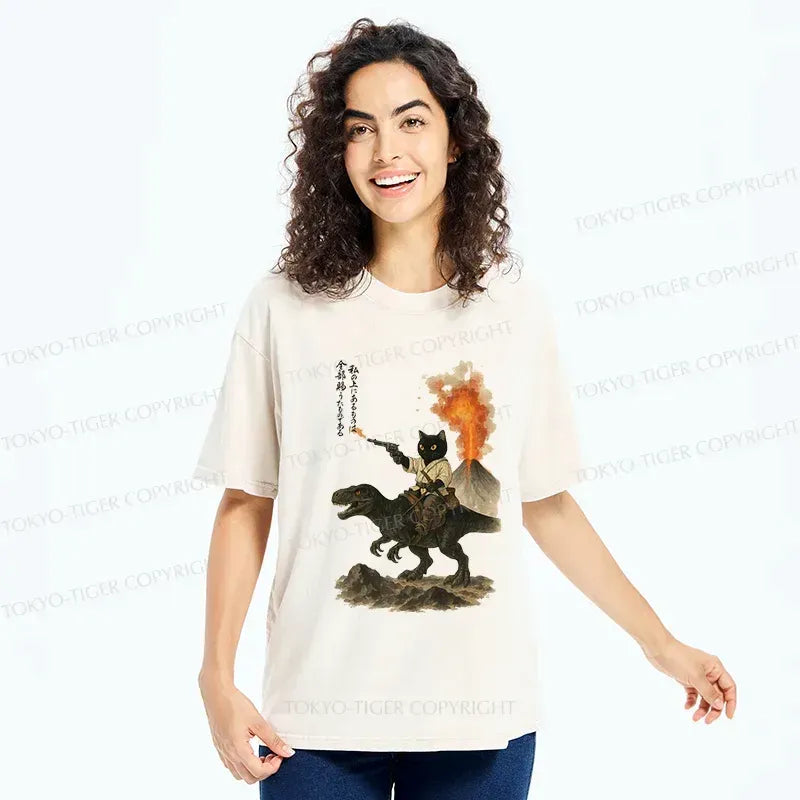 Kyoto-Lion Cat Riding A Dinosaur Washed T-Shirt