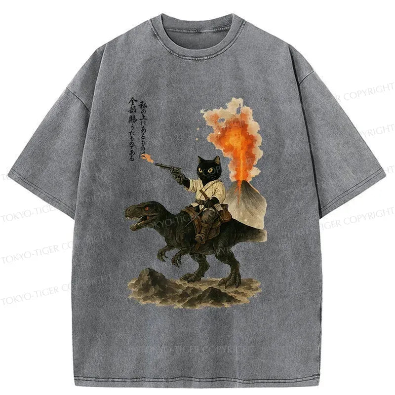 Cat Riding Dinosaur Washed Tee