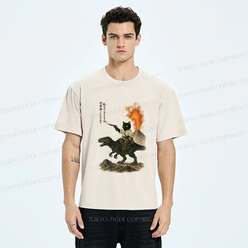 Cat Riding Dinosaur Washed Tee