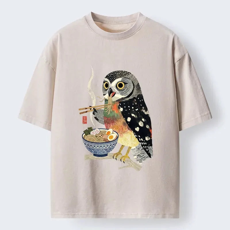 Kyoto-Lion Owl Slurps Hot Ramen Japan Art Washed T-Shirt