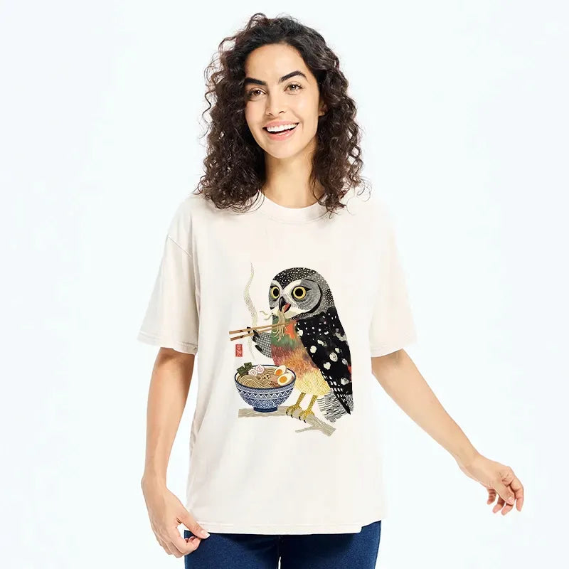 Kyoto-Lion Owl Slurps Hot Ramen Japan Art Washed T-Shirt