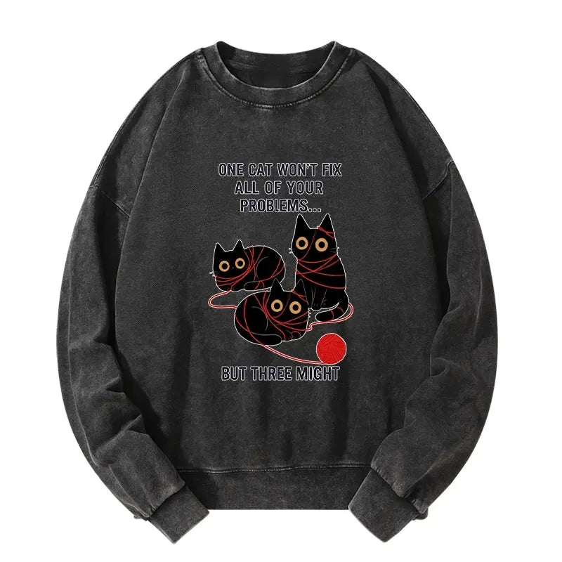 Kyoto-Lion Three Cats Fix All Problems Washed Sweatshirt