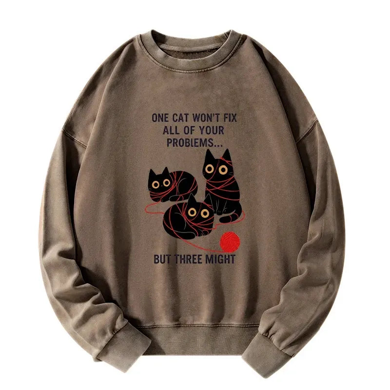 Kyoto-Lion Three Cats Fix All Problems Washed Sweatshirt