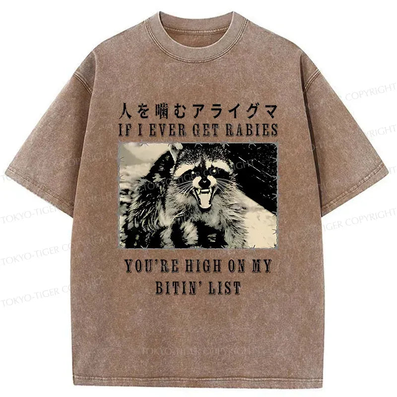 Kyoto-Lion Raccoon Biting People Washed T-Shirt