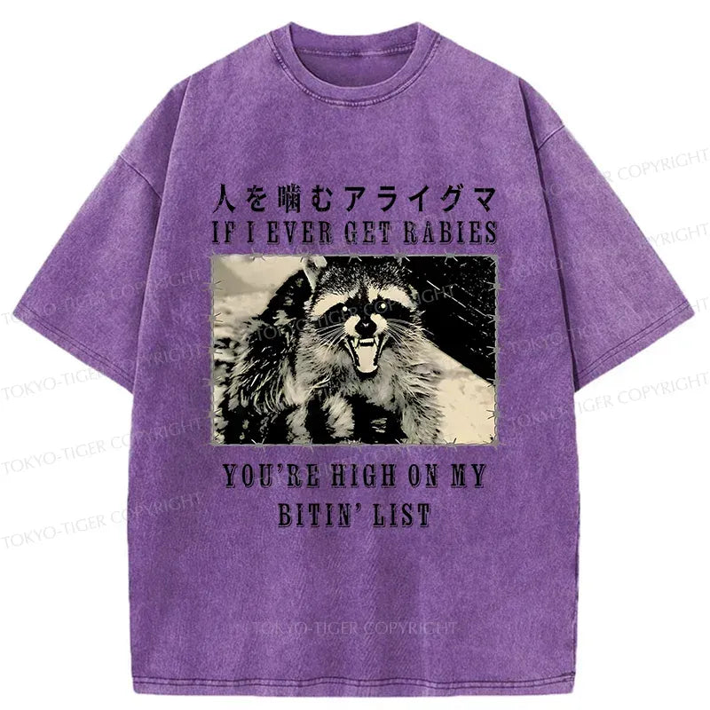 Kyoto-Lion Raccoon Biting People Washed T-Shirt