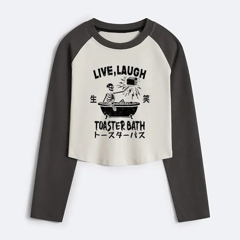Kyoto-Lion Funny Electric Shock Skeleton Women's Crop Raglan T-Shirt