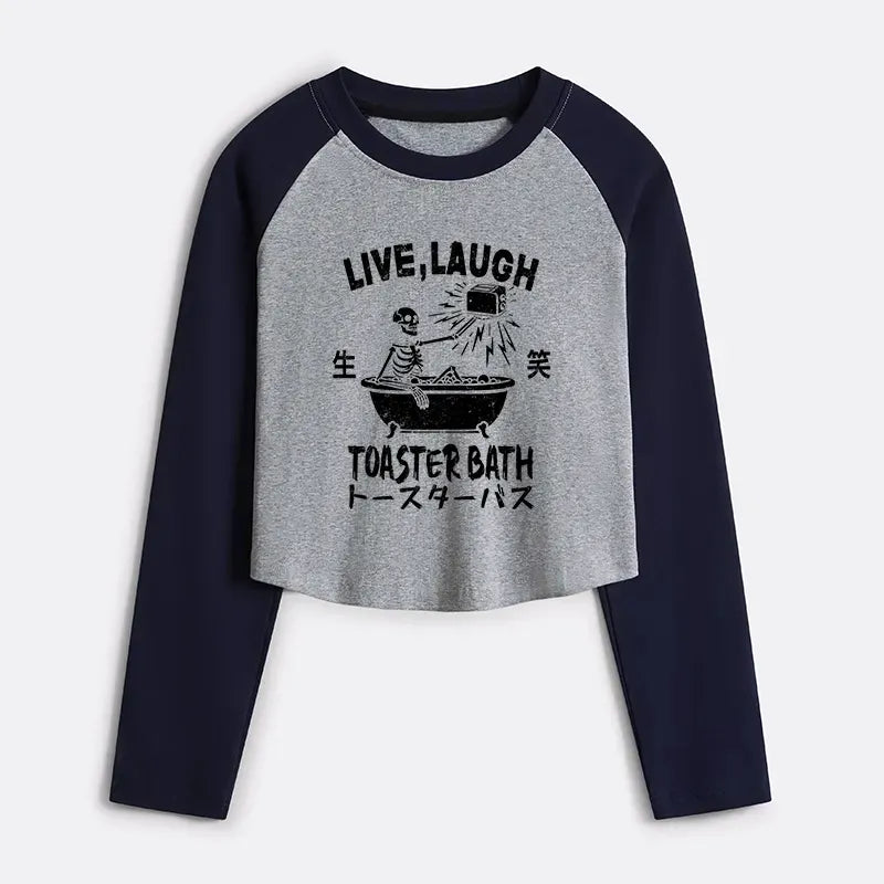Kyoto-Lion Funny Electric Shock Skeleton Women's Crop Raglan T-Shirt