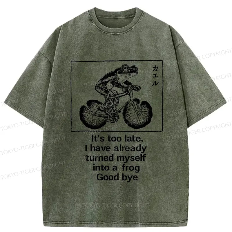 Kyoto-Lion Funny Frog Riding A Bicycle Washed T-Shirt