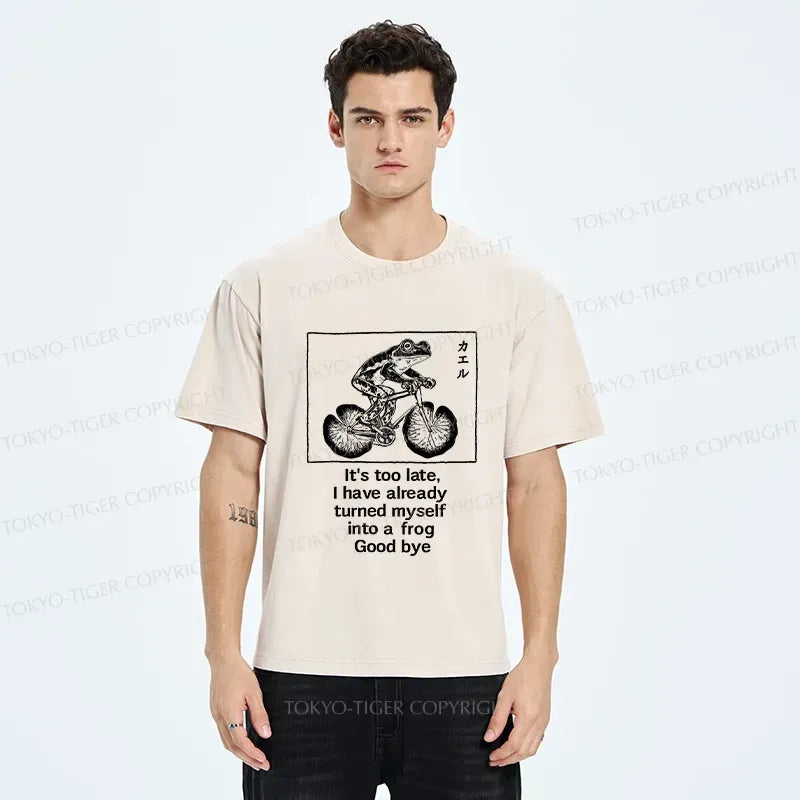 Kyoto-Lion Funny Frog Riding A Bicycle Washed T-Shirt