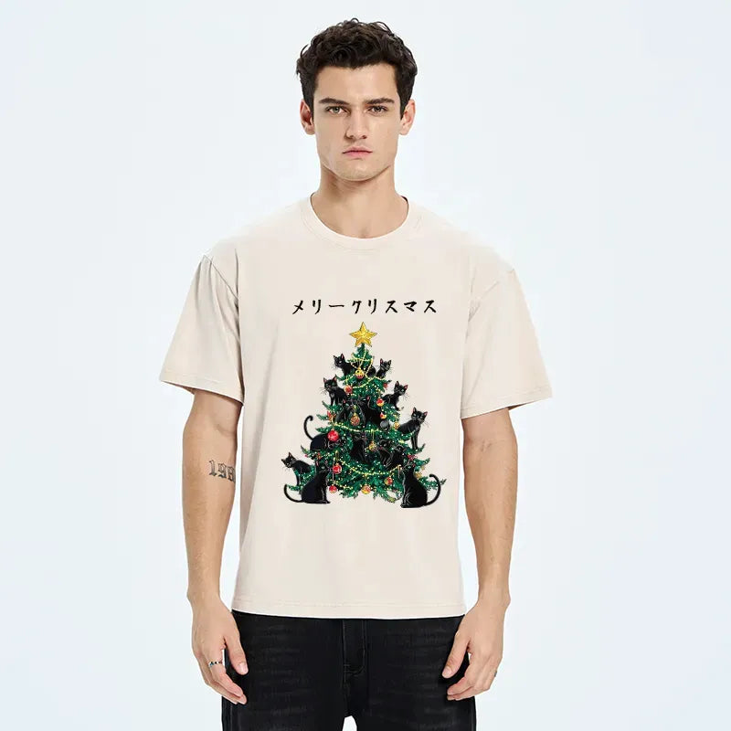 Kyoto-Lion Meowy Christmas Tree Washed T-Shirt