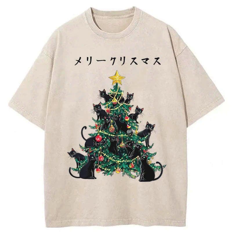 Kyoto-Lion Meowy Christmas Tree Washed T-Shirt