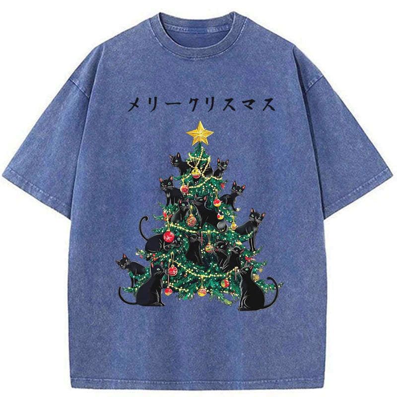 Kyoto-Lion Meowy Christmas Tree Washed T-Shirt