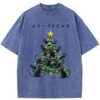 Kyoto-Lion Meowy Christmas Tree Washed T-Shirt