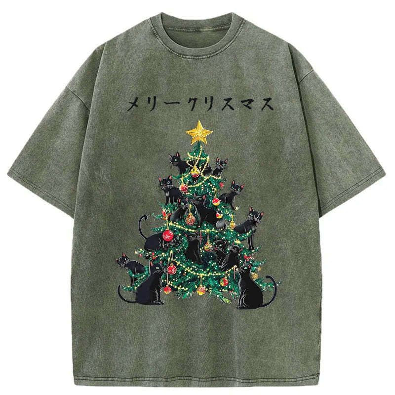 Kyoto-Lion Meowy Christmas Tree Washed T-Shirt