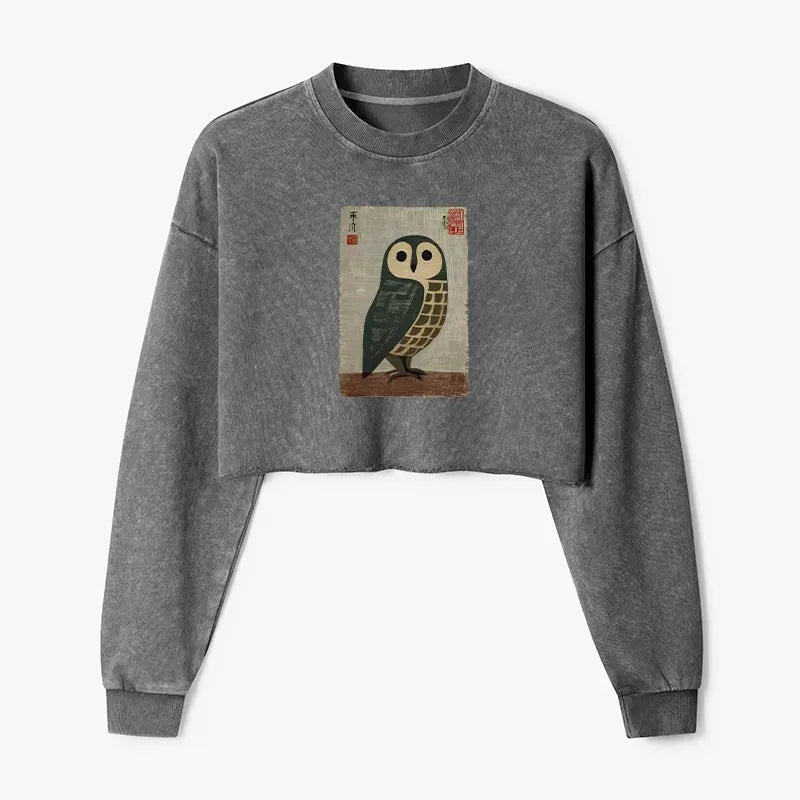 Kyoto-Lion Traditional Owl In Japanese Art Washed Crop Sweatshirt
