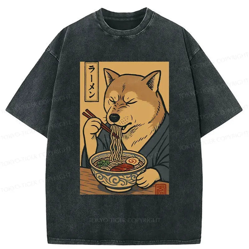 Kyoto-Lion Puppy Eating Ramen Washed T-Shirt