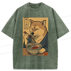 Kyoto-Lion Puppy Eating Ramen Washed T-Shirt