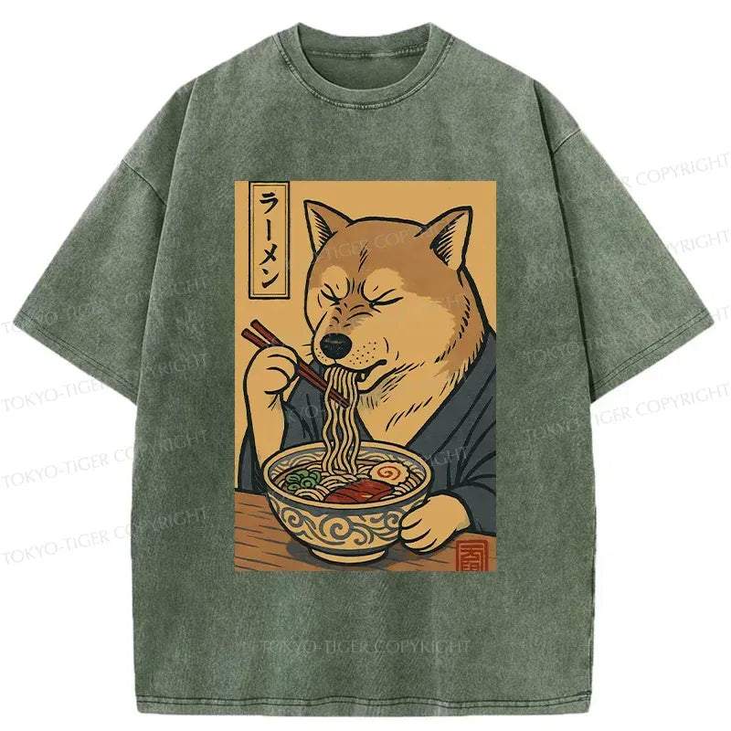 Kyoto-Lion Puppy Eating Ramen Washed T-Shirt