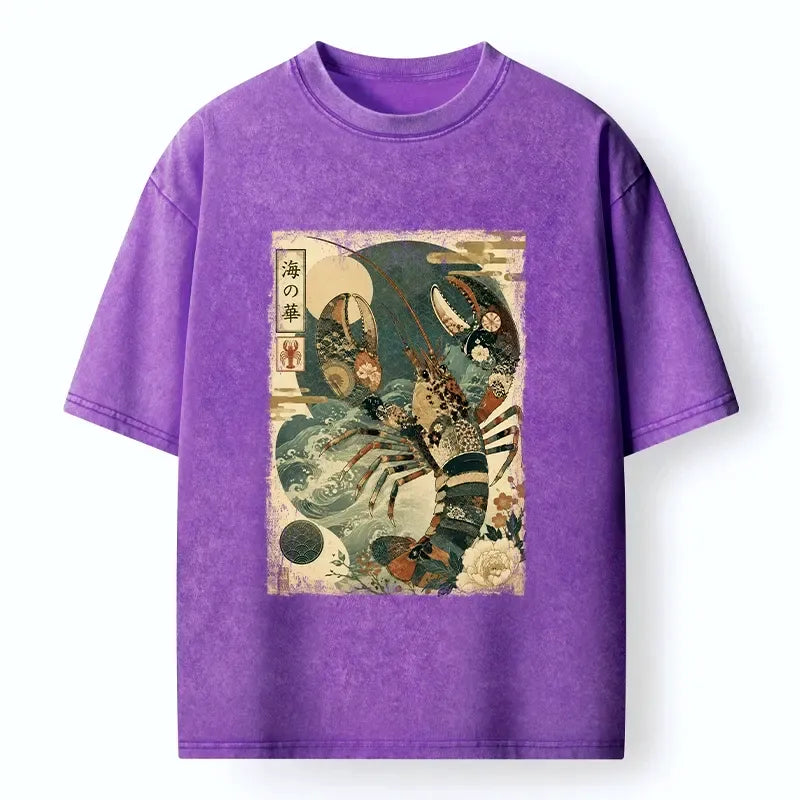 Kyoto-Lion Ornate Lobster And Japanese Sea Waves Washed T-Shirt